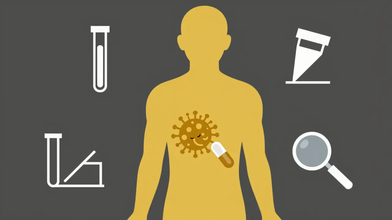 Representación minimalista de la detección de virus dormidos y tuberculosis latente en el cuerpo.