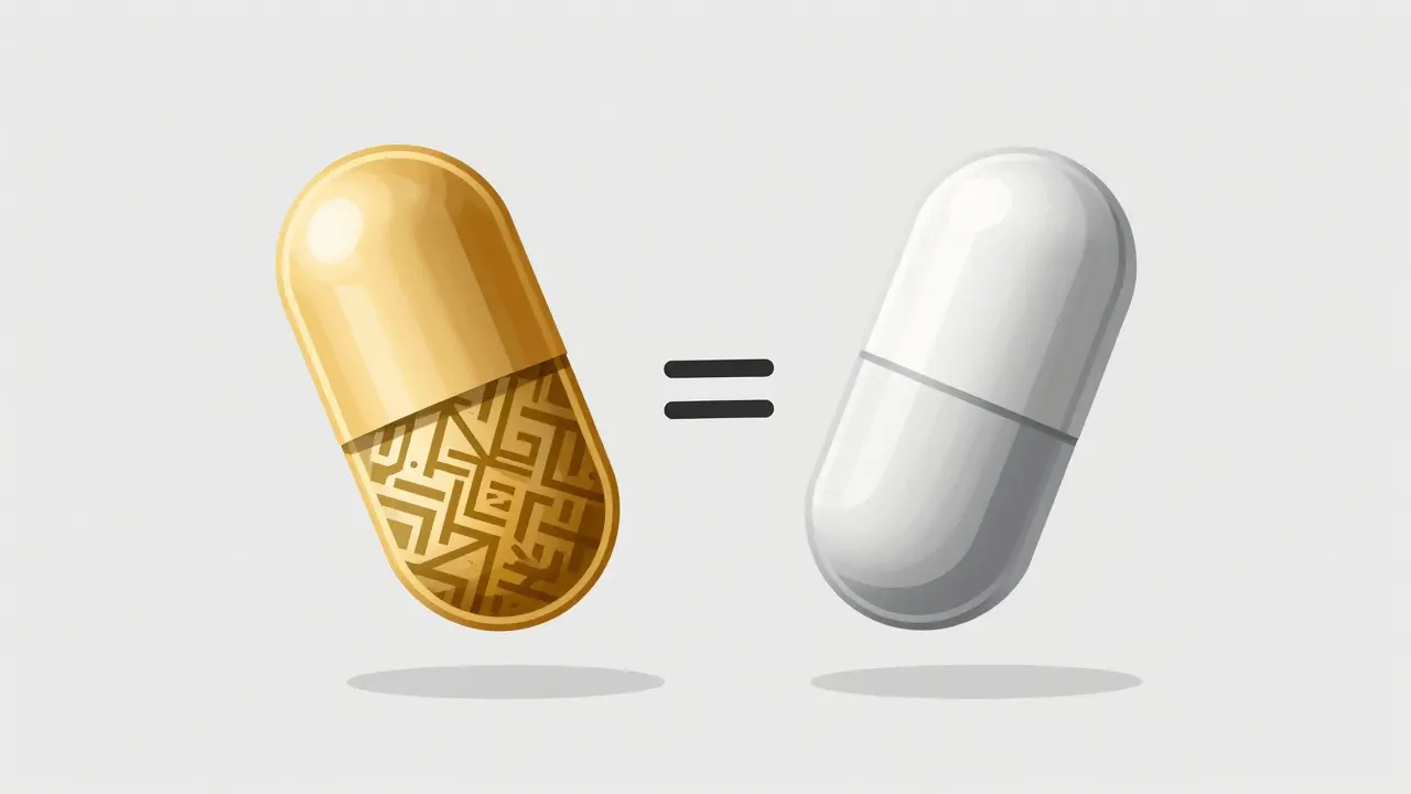 Diseño gráfico moderno mostrando dos pastillas conectadas por un signo de igualdad para representar la bioequivalencia