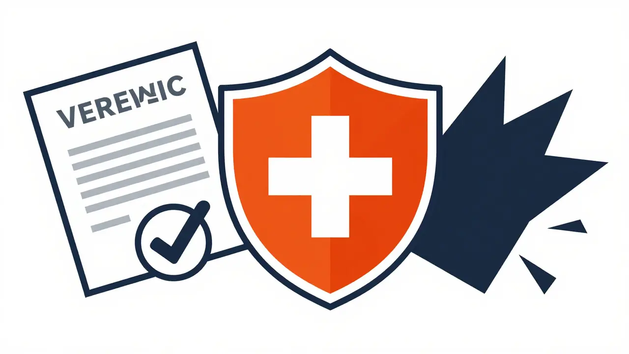 Diseño gráfico suizo mostrando un escudo de seguridad contra farmacias online no reguladas