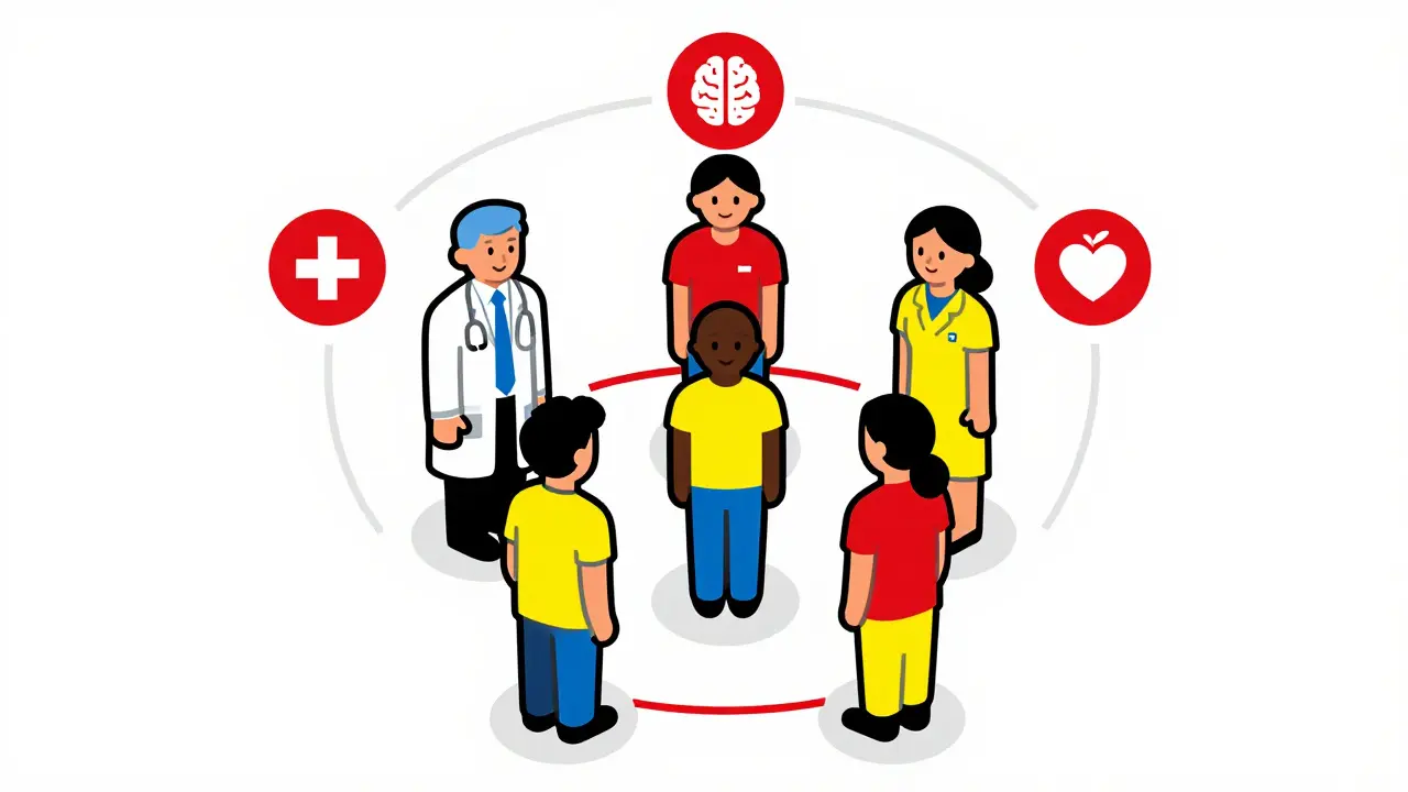 Equipo multidisciplinario rodeando al paciente en estilo ilustrativo suizo