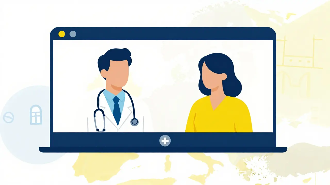 Ilustración estilizada de una consulta de telemedicina con formas geométricas limpias