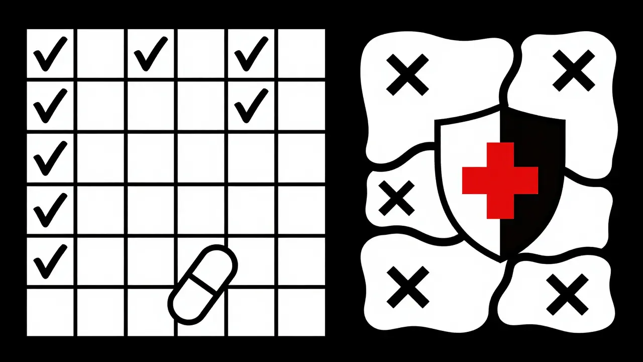 Ilustración geométrica sobre farmacias seguras versus mercados ilegales