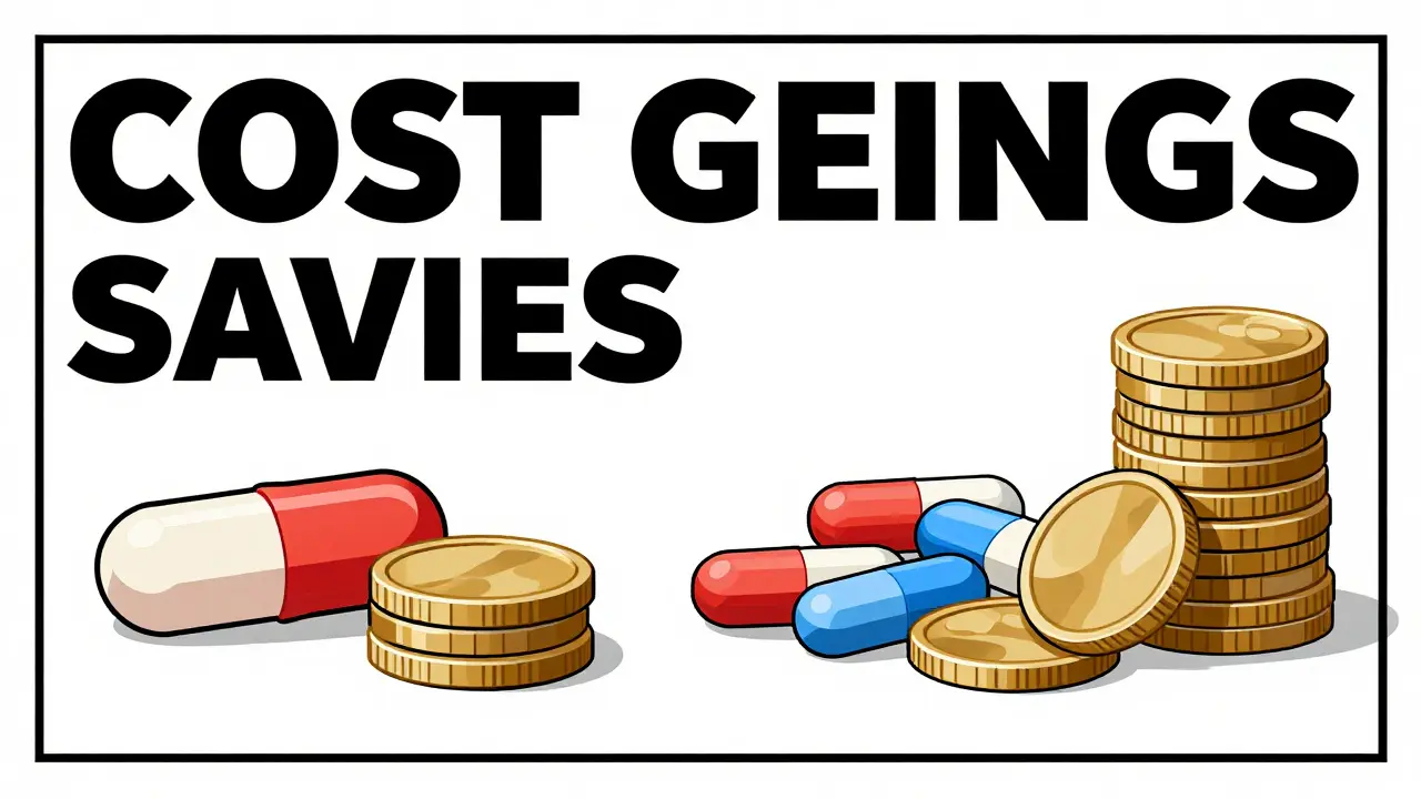 Ilustración gráfica estilo suizo que muestra el ahorro económico y diferencias visuales de genéricos.