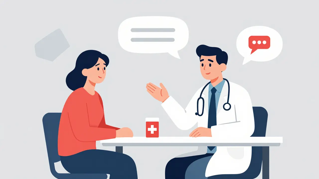 Ilustración plana de médico y paciente discutiendo confianza en medicamentos genéricos