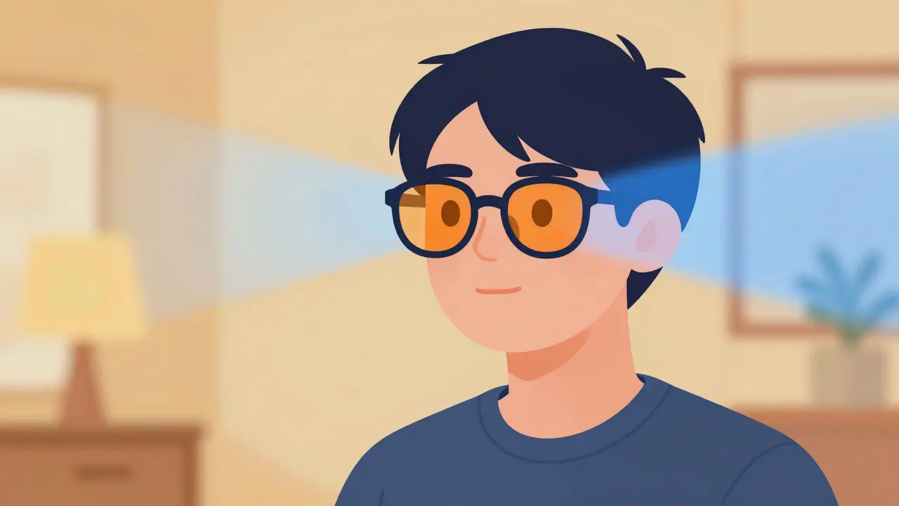 Persona con gafas filtrantes en ambiente de luz cálida