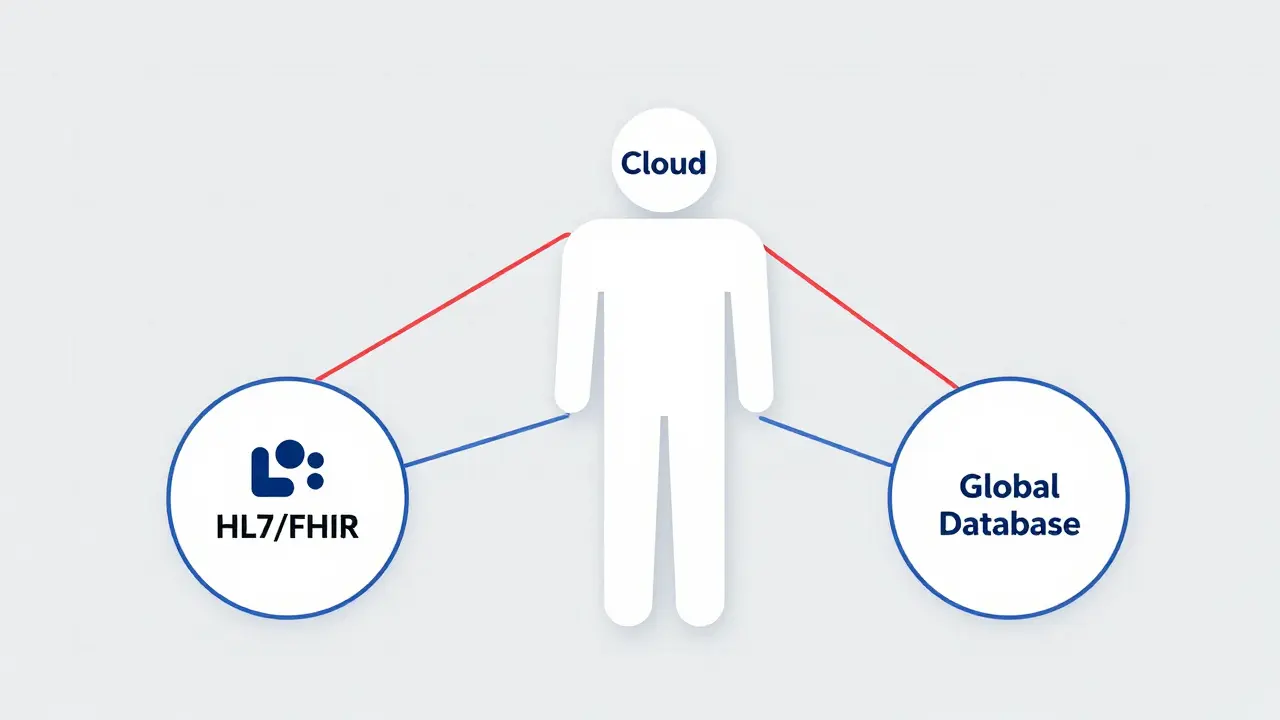 Arte vectorial minimalista mostrando la interoperabilidad de datos entre sistemas hospitalarios