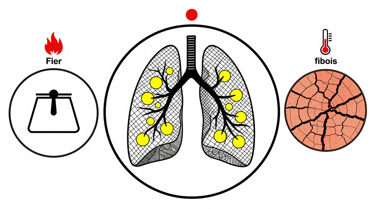 Diagrama conceptual estilo suizo mostrando fases y síntomas en los pulmones
