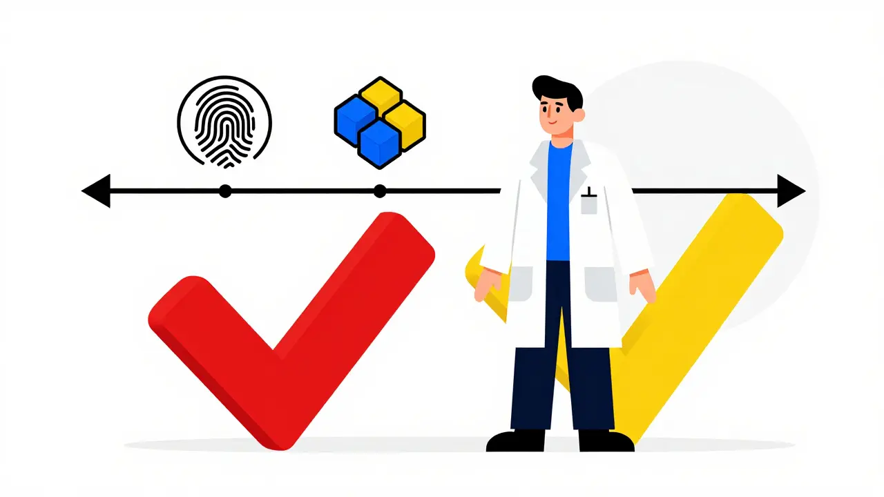 Farmacéutico junto a símbolo de futuro en verificación