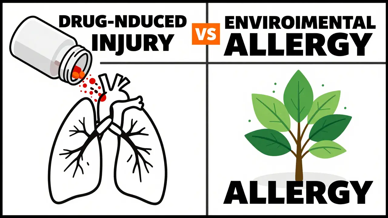 Ilustración comparando daño pulmonar por fármacos vs alérgenos ambientales