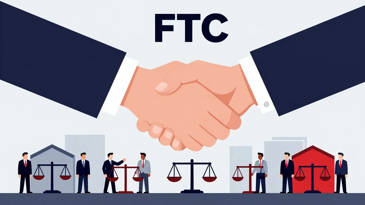 Ilustración minimalista de la FTC bloqueando fusiones para mantener la competencia
