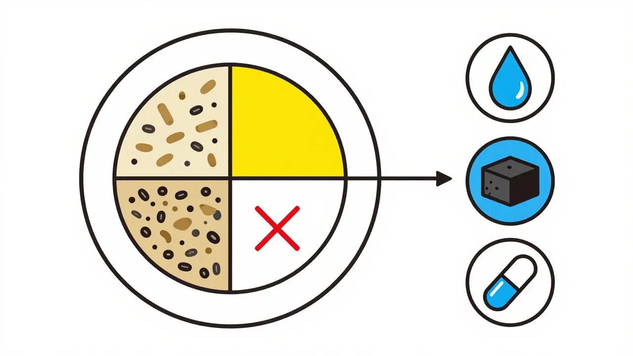 Plato equilibrado con iconos de remedios para gases en estilo suizo geométrico y limpio