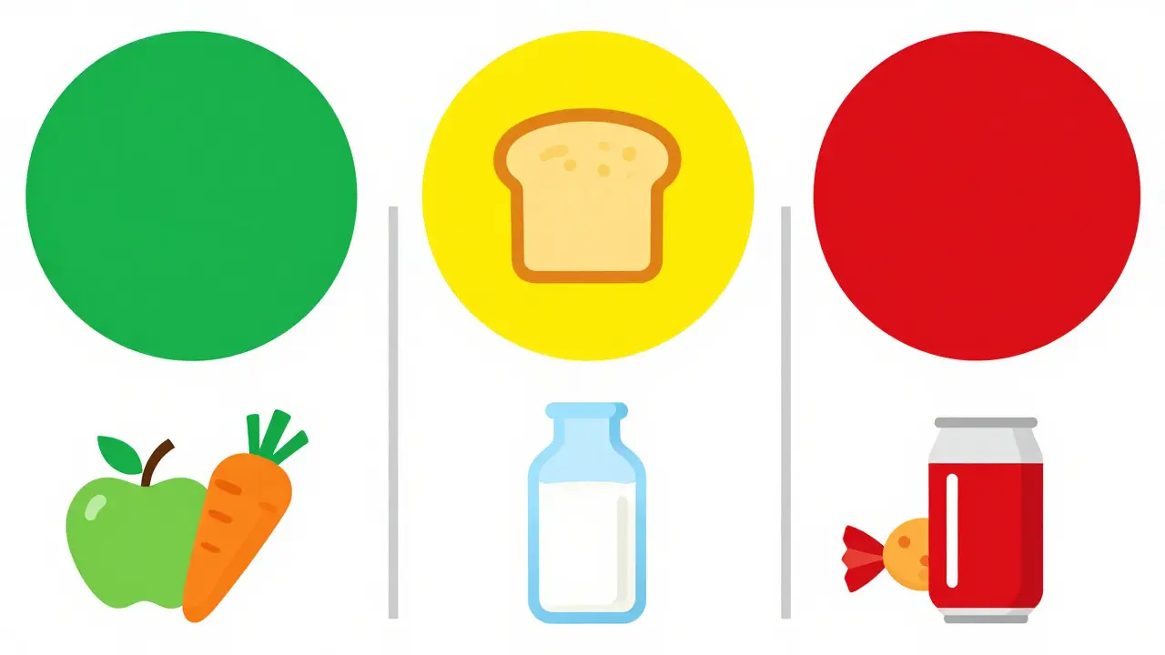 Diagrama estilo suizo con semáforo de colores clasificando alimentos saludables