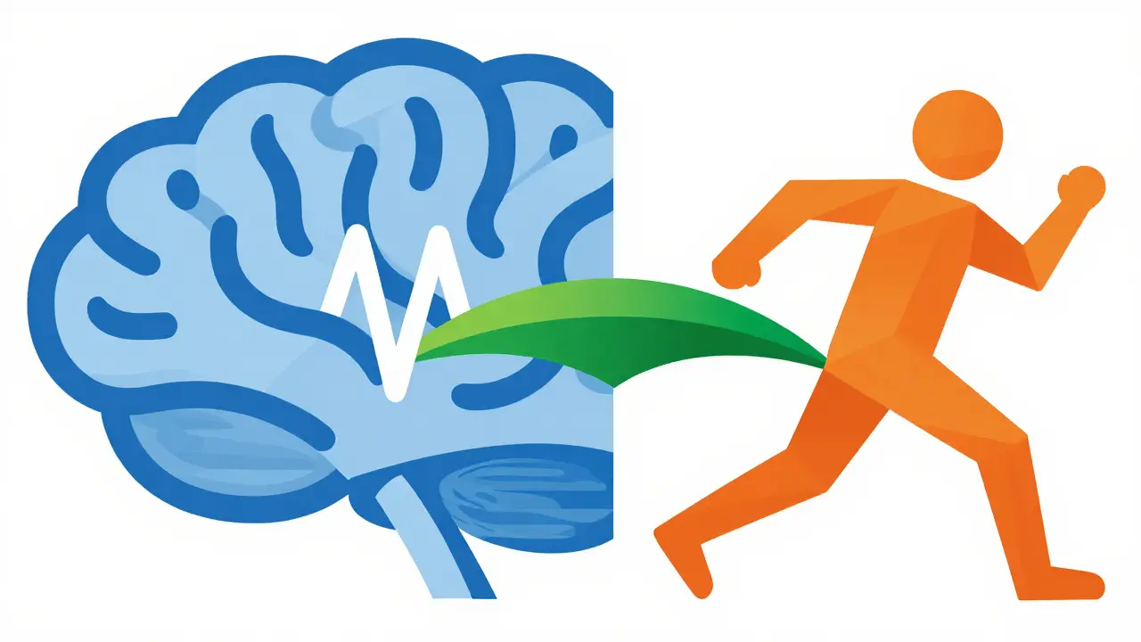 Diseño abstracto que une ondas cerebrales azules y formas naranjas en movimiento, representando la integración mente-cuerpo.