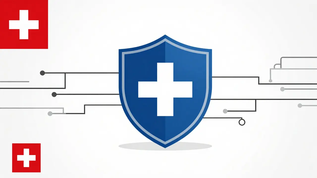 Escudo geométrico azul y blanco simbolizando farmacia segura