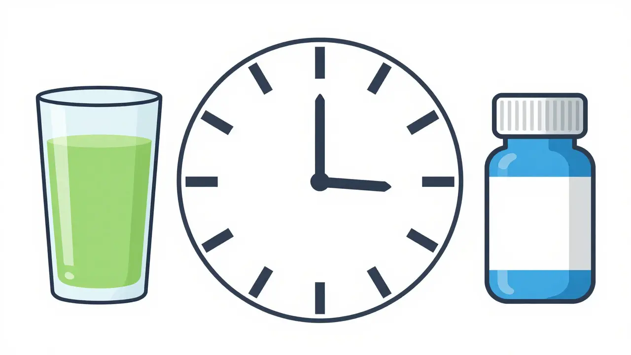 Ilustración minimalista mostrando el intervalo de tiempo entre zumo y pastilla
