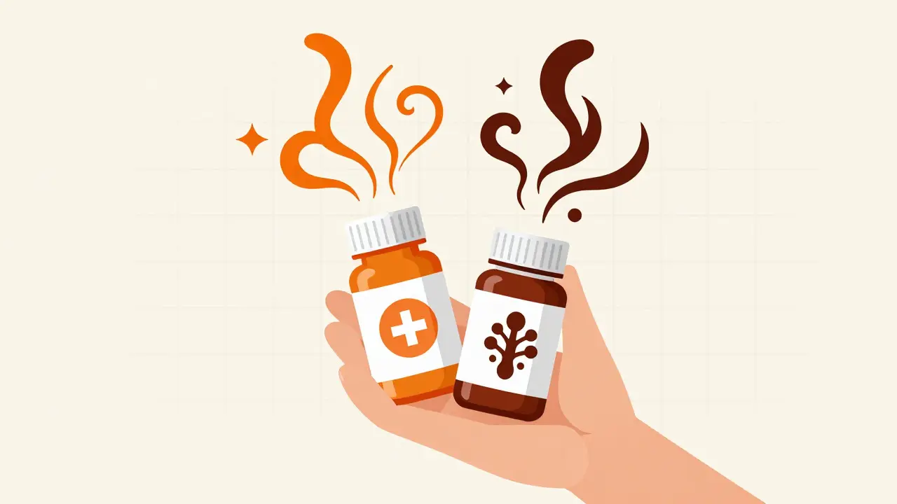 Mano sosteniendo medicamentos con símbolos de toxicidad