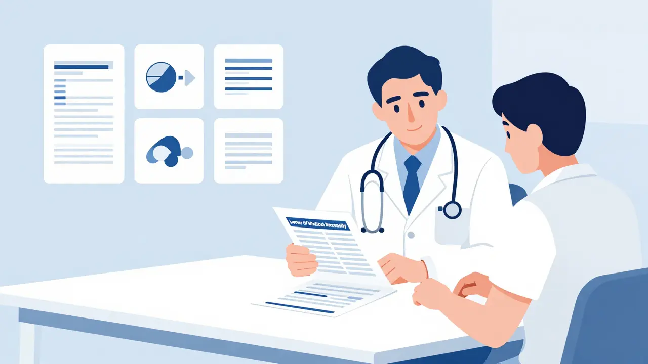 Médico y paciente preparando documentación médica en ilustración plana