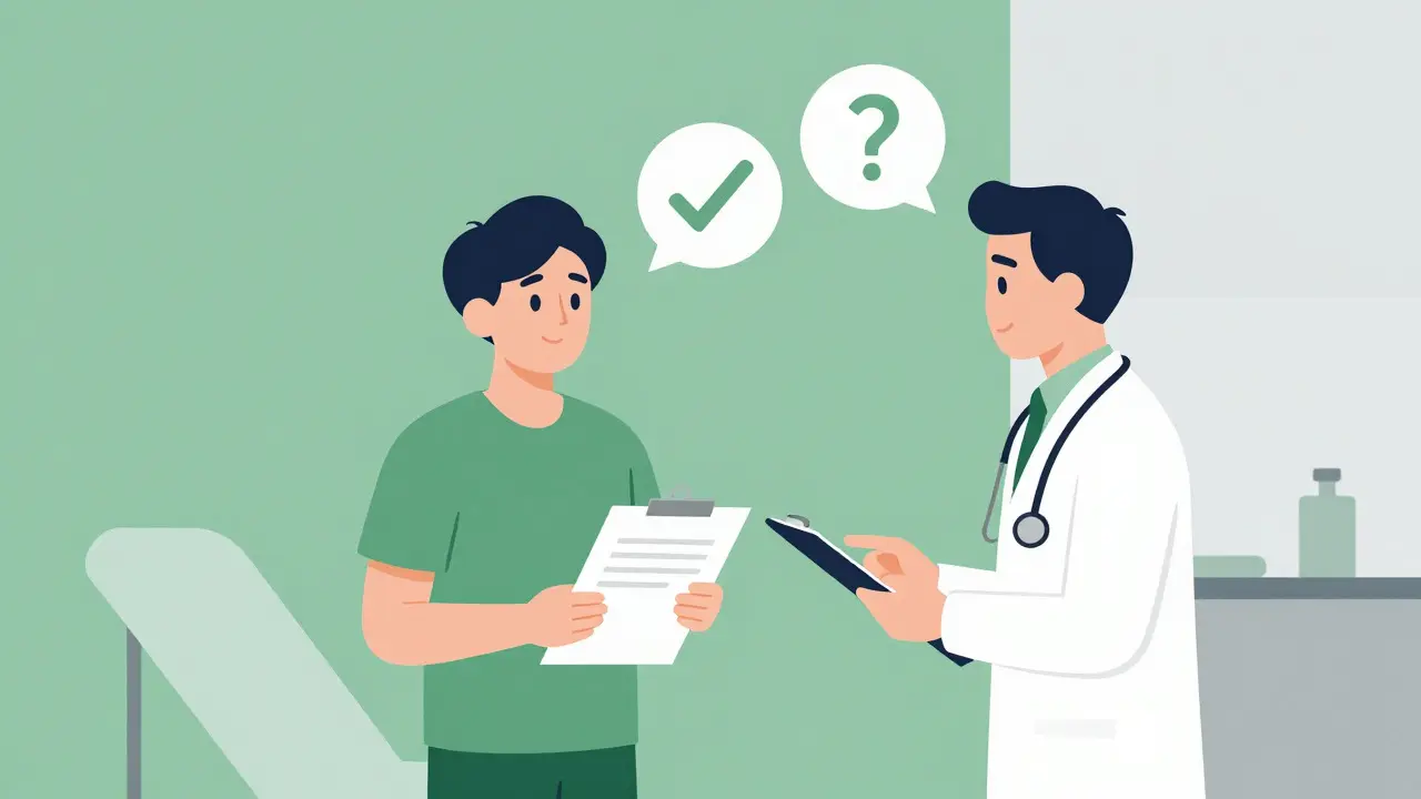 Consulta médica tranquila donde el paciente presenta documentos al profesional