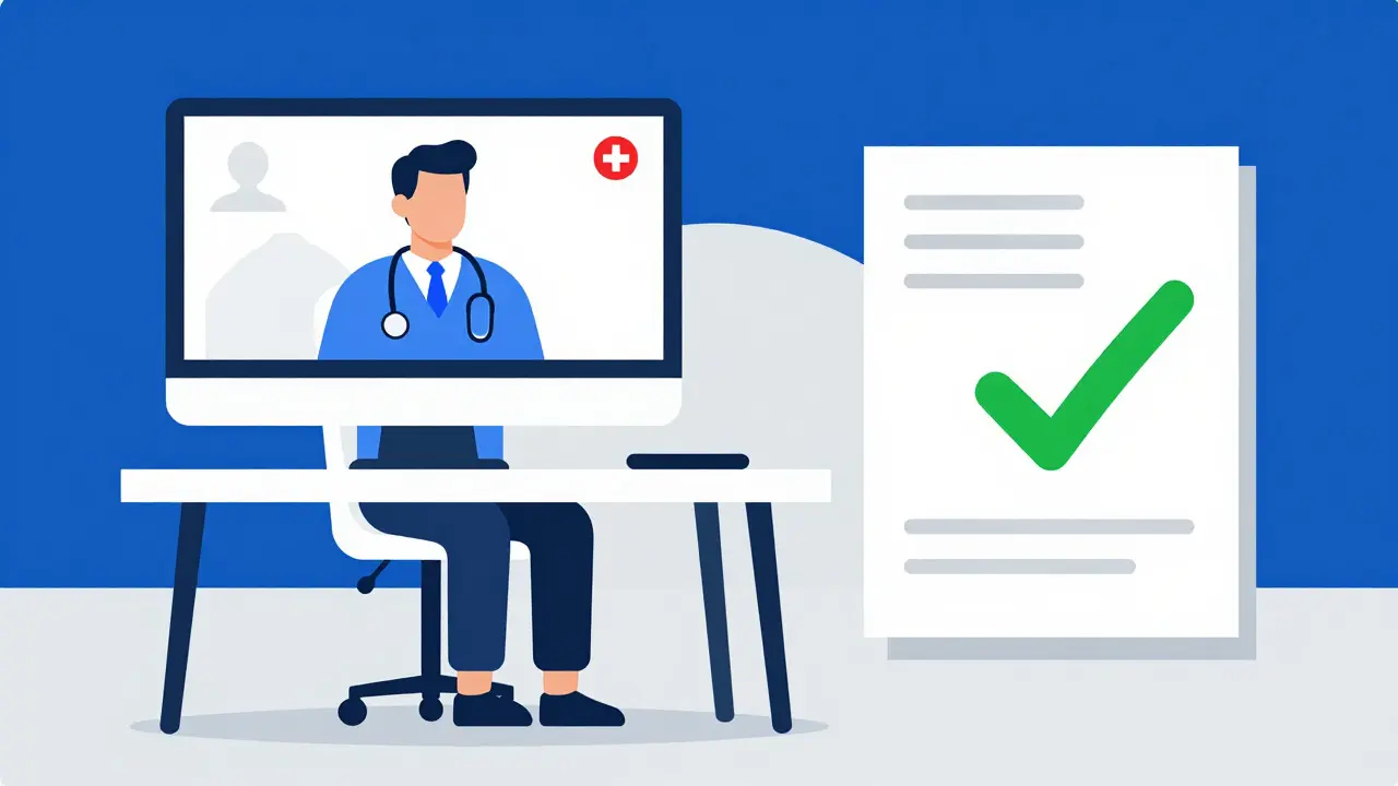 Diseño plano de médico en videollamada validando receta