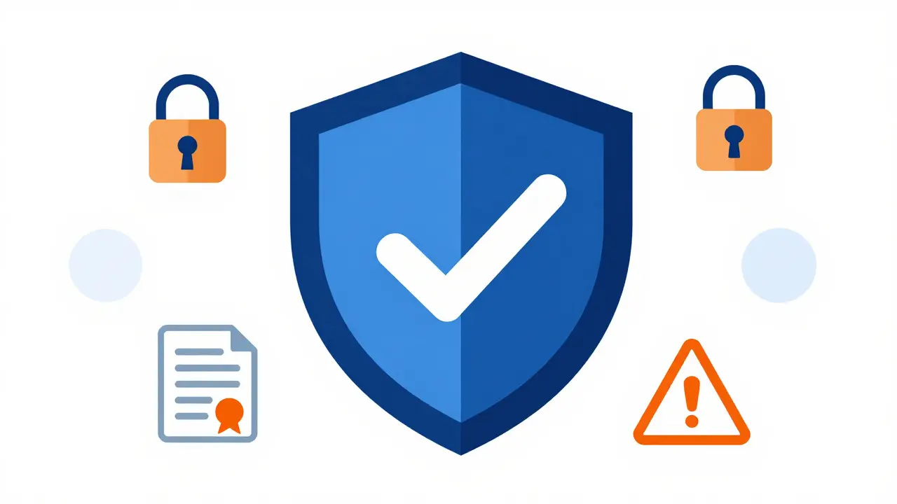 Escudo geométrico con símbolos de verificación y seguridad para compras médicas