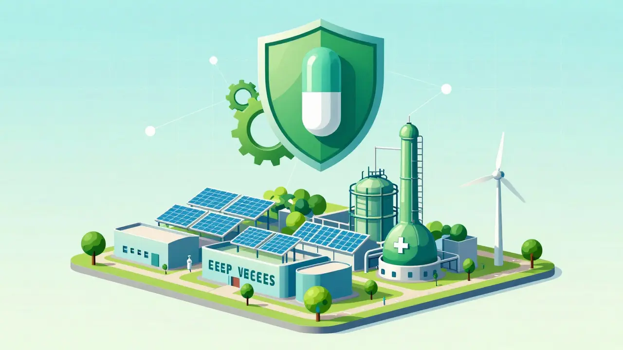 Fábrica farmacéutica futurista con símbolos de energía verde y un escudo protector sobre una píldora