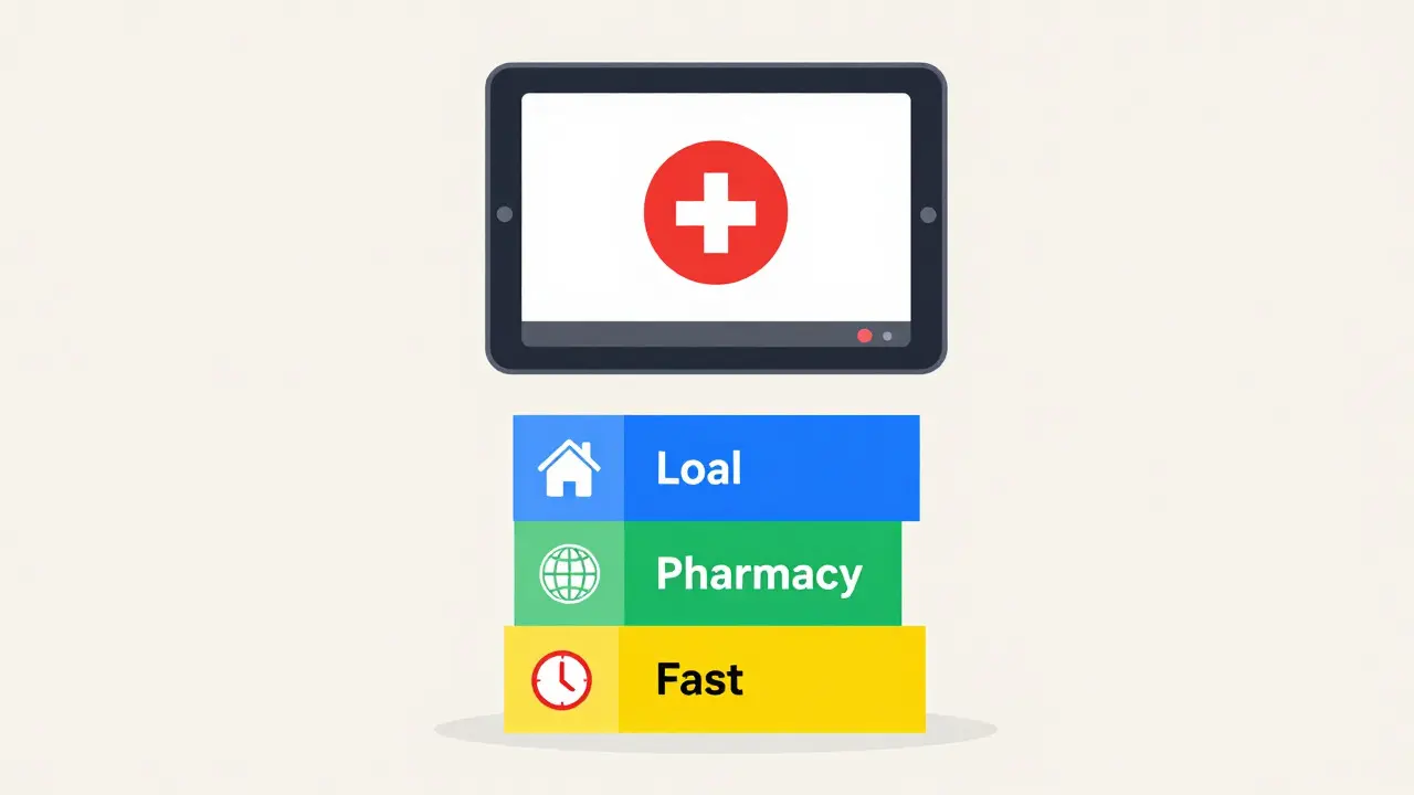 Gráfico plano que muestra opciones de farmacia online y telemedicina en cajas geométricas