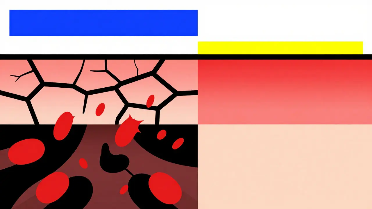Ilustración dividida mostrando piel dañada vs sana frente a alérgenos, diseño plano