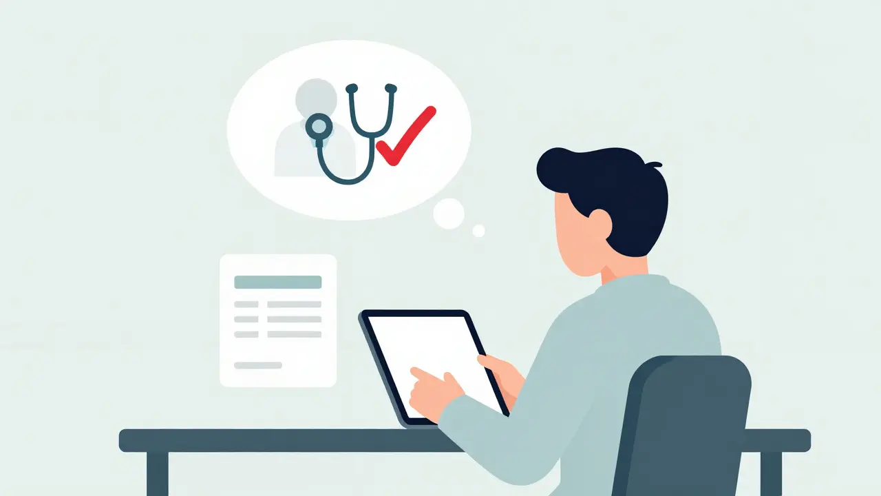 Personaje usando tableta para consulta médica y receta electrónica en estilo suizo