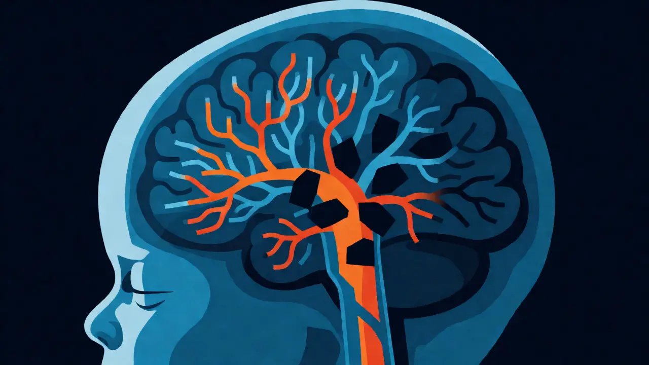 Ilustración estilo suizo del cerebro de un recién nacido mostrando cómo los medicamentos afectan las conexiones neuronales.