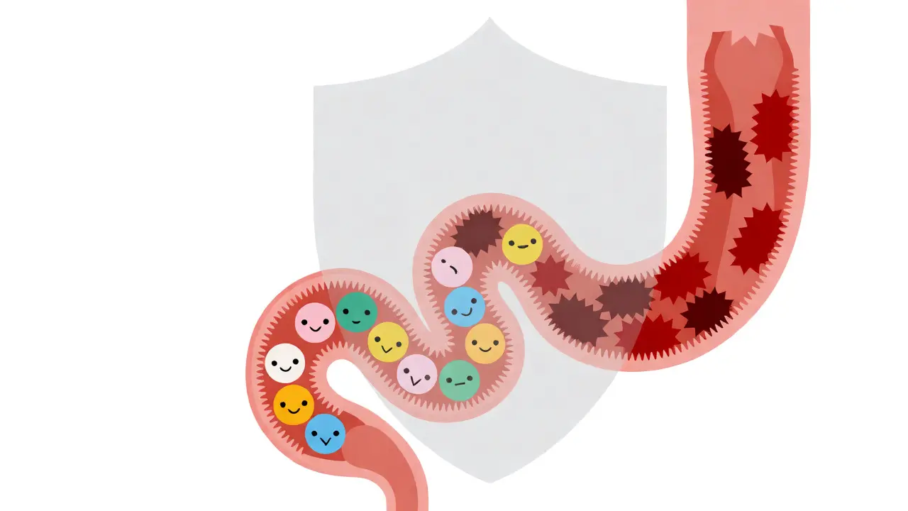 Ilustración estilo suizo del intestino de un bebé mostrando el desequilibrio entre bacterias buenas y malas por antibióticos.